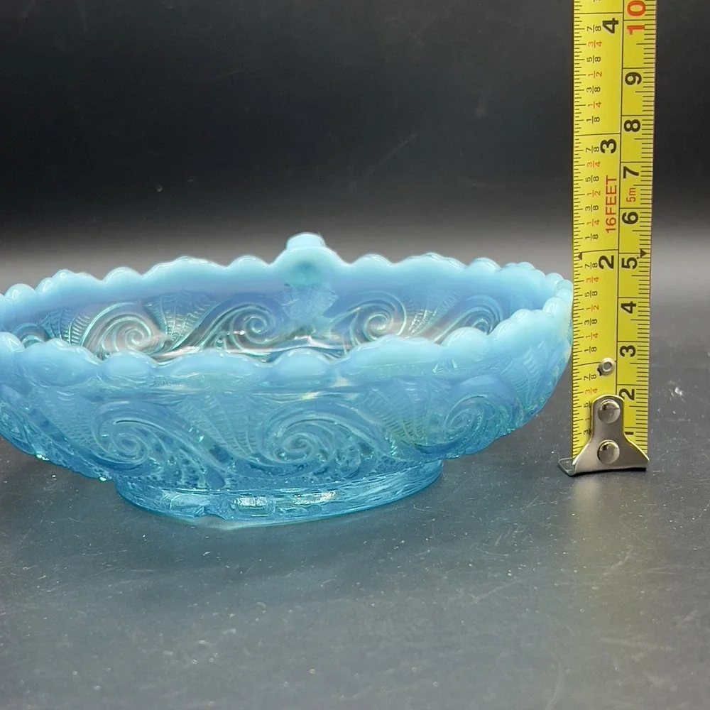 Antique Jefferson Glass Opalescent Blue Sea Spray Nappy Candy Dish w‎ Handle 6